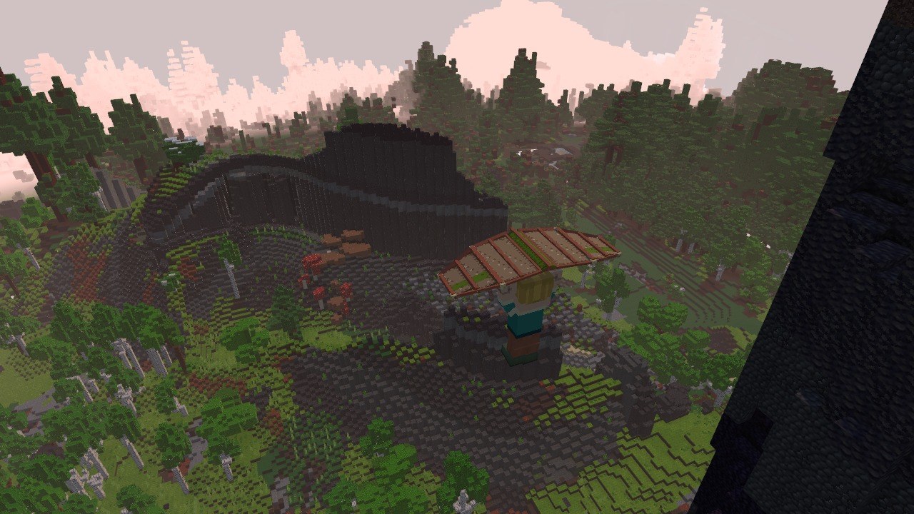 A player gliding high over a forest of blocky trees.