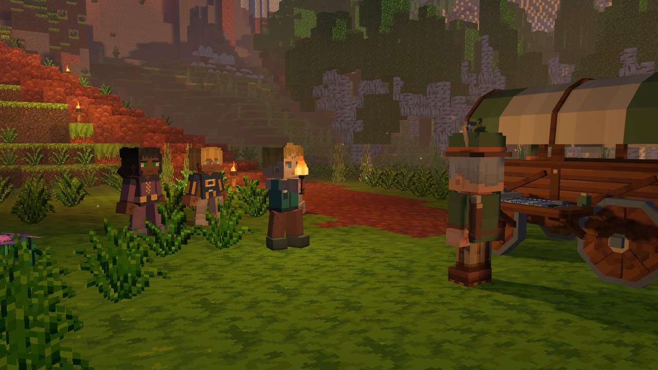 Players gathered by the caravan's covered wagon on a grassy hillside at dusk.