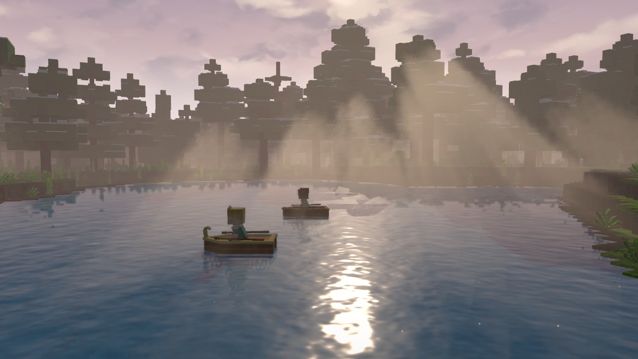 Two players rowing small boats across a misty lake at sunrise.